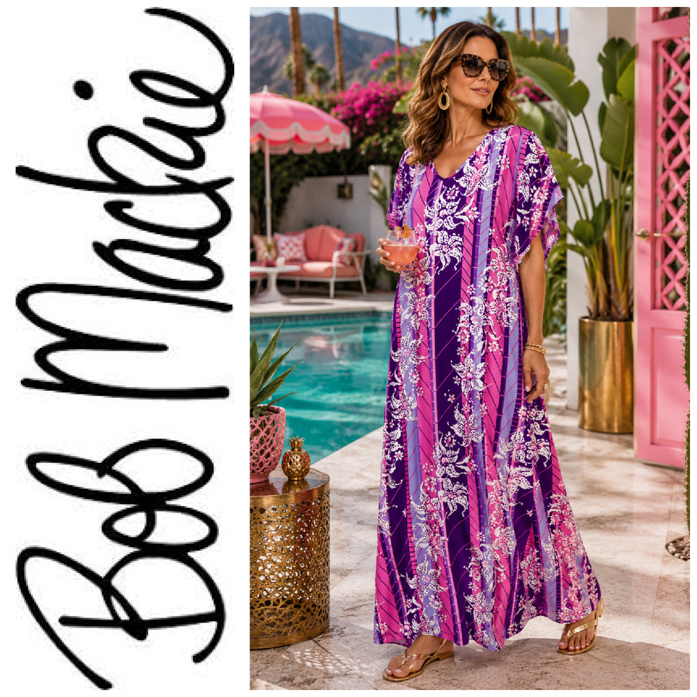 Bob Mackie Wearable Art Sz L Purple Maxi Caftan Dress Y2K Mrs. Roper Resort